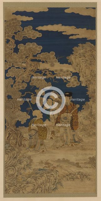 Weft-woven tapestry (kesi): Three Star Gods and Joy Personified..., Qing dynasty, 18th century. Creator: Unknown.