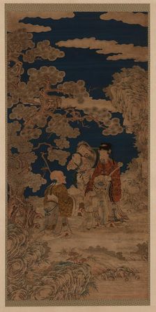 Weft-woven tapestry (kesi): Three Star Gods and Joy Personified..., Qing dynasty, 18th century. Creator: Unknown
