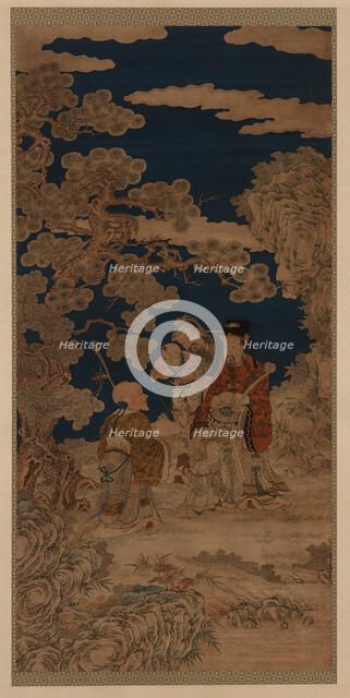 Weft-woven tapestry (kesi): Three Star Gods and Joy Personified..., Qing dynasty, 18th century. Creator: Unknown.