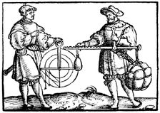 Weighing with a steelyard, 1547. Creator: Gaultherius Rivius