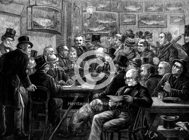 Weighing the fish at a London anglers' club, 1873. Creator: Unknown.
