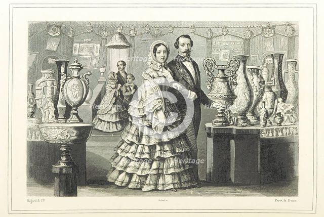 Well-to-do French couple looking at vases, 1865.  Creator: Unknown.
