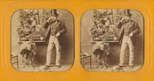Well-dressed man in top hat twirling his moustache, two women gazing at him through..., 1855-1860. Creator: Unknown