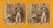 Well-dressed man in top hat twirling his moustache, two women gazing at him through..., 1855-1860. Creator: Unknown