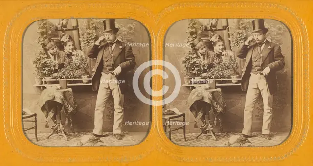 Well-dressed man in top hat twirling his moustache, two women gazing at him through..., 1855-1860. Creator: Unknown.