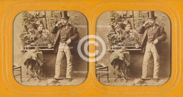 Well-dressed man in top hat twirling his moustache, two women gazing at him through..., 1855-1860. Creator: Unknown.