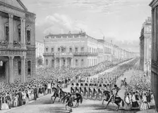 Wellington's funeral procession passing the Senior United Service Club, Pall Mall, London, 1852. Creator: Thomas Hosmer Shepherd