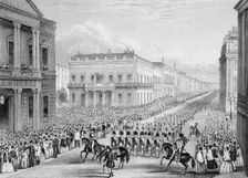 Wellington's funeral procession passing the Senior United Service Club, Pall Mall, London, 1852. Creator: Thomas Hosmer Shepherd