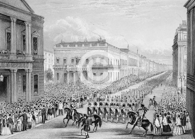 Wellington's funeral procession passing the Senior United Service Club, Pall Mall, London, 1852. Creator: Thomas Hosmer Shepherd.