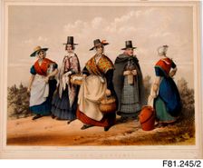 Welsh Costumes (Errand girl; Farmer's Daughter, Market Woman, Winter & Llanarth Girl), c1848. Creator: John Cambrian Rowland