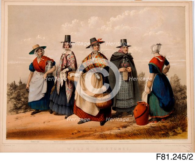 Welsh Costumes (Errand girl; Farmer's Daughter, Market Woman, Winter & Llanarth Girl), c1848. Creator: John Cambrian Rowland.