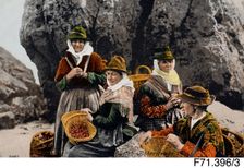 Welsh Fisherwomen on beach, Welsh costume postcard, c1890s. Creator: Unknown