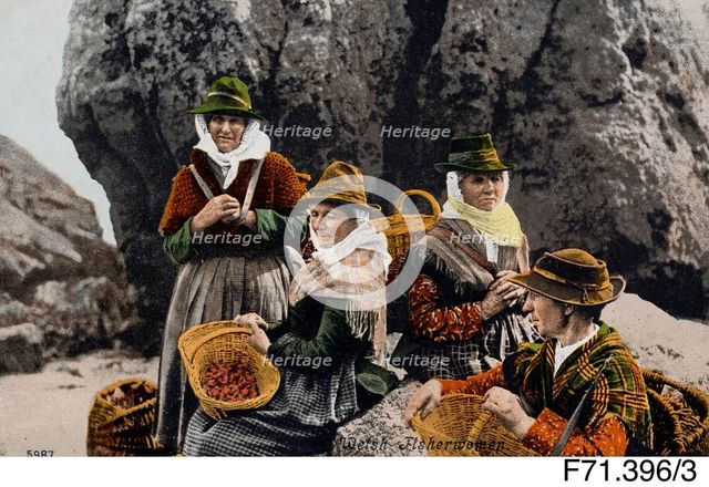 'Welsh Fisherwomen' on beach, Welsh costume postcard, c1890s. Creator: Unknown.