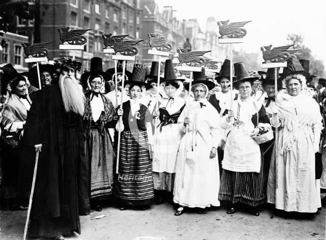 Welsh suffragettes in traditional costume on the Women's Coronation Procession, 17th June 1911.  Creator: Unknown.