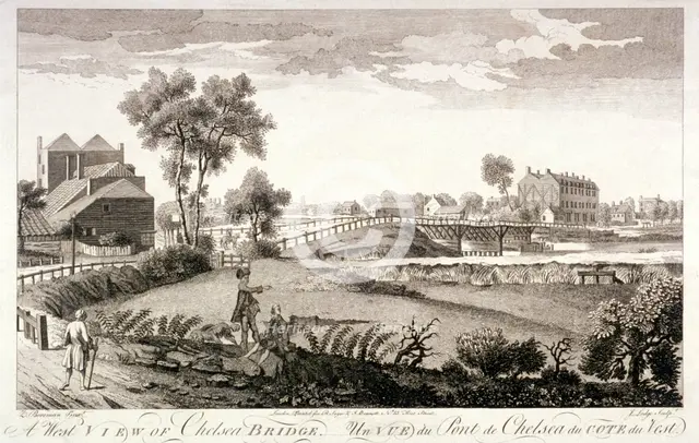 West view of Chelsea Bridge, London, c1760. Artist: William Lodge