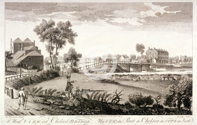 West view of Chelsea Bridge, London, c1760. Artist: William Lodge