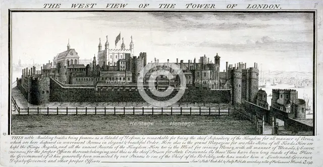 West view of the Tower of London, with a description, 1737. Artist: Samuel Buck