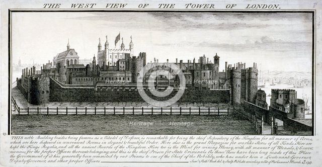 West view of the Tower of London, with a description, 1737. Artist: Samuel Buck