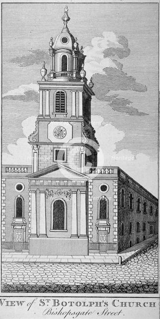 West view of the Church of St Botolph without Bishopsgate, City of London, 1750. Artist: Anon