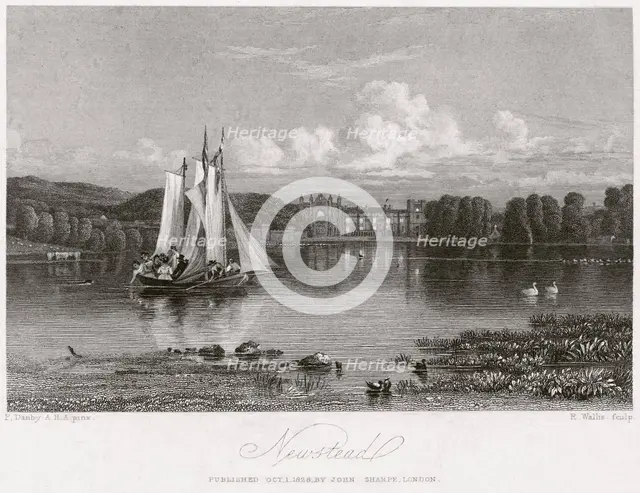 West aspect of Newstead Abbey and upper lake, Nottinghamshire, 1828. Creator: R Wallis.