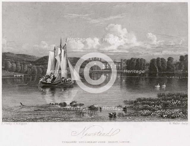 West aspect of Newstead Abbey and upper lake, Nottinghamshire, 1828. Creator: R Wallis.