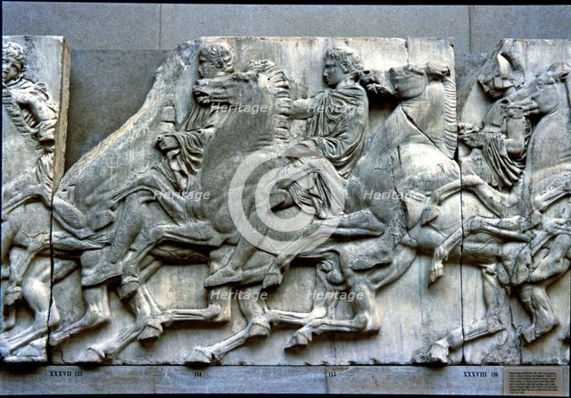 West frieze of the Parthenon representing some riders with companions preparing for the Parrathen…