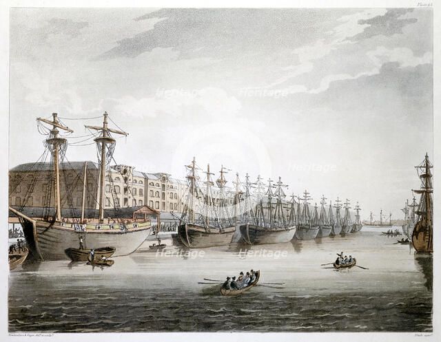 West India Docks, London, 1808-1810. Artist: Augustus Charles Pugin