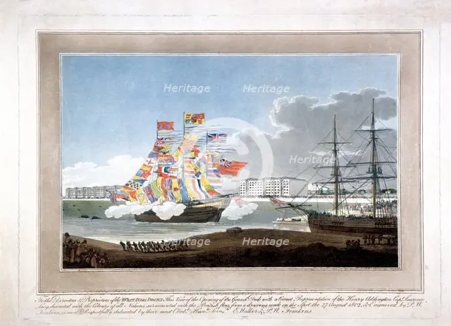 West India Docks, Poplar, London, 1802. Artist: Peltro William Tomkins