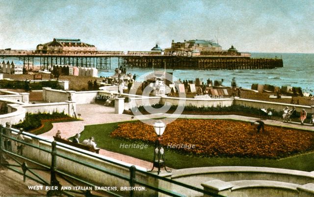 West Pier and Italian Gardens, Brighton, Sussex, 1928. Artist: Unknown
