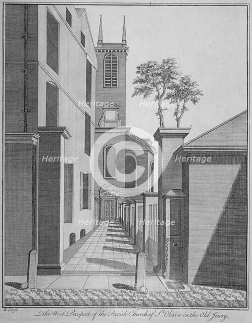 West prospect of the Church of St Olave Jewry from Ironmonger Lane, City of London, 1750. Artist: Benjamin Cole
