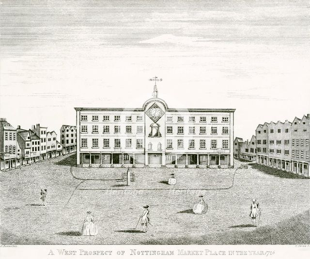 West prospect of Nottingham Market Place, Nottinghamshire, 1726. Creator: T Shore.