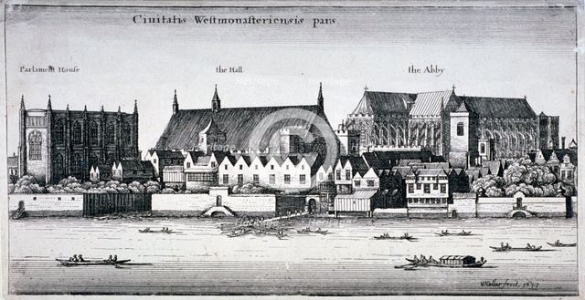 Westminster Abbey and the Palace of Westminster from the River Thames, London, 1647. Artist: Wenceslaus Hollar