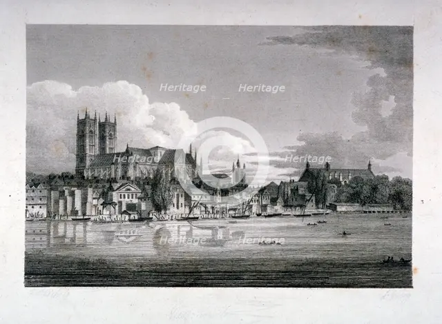 Westminster Abbey from the River Thames, London, 1804. Artist: John Greig