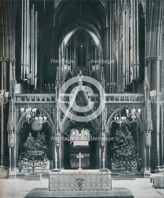 'Westminster Abbey, London, showing Benno Elkan's Old Testament and New Testament Candelabra', c1942 Artist: Unknown.