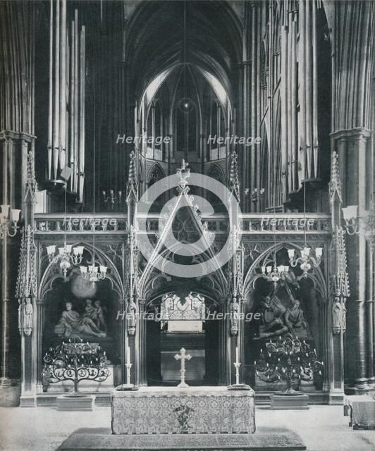 'Westminster Abbey, London, showing Benno Elkan's Old Testament and New Testament Candelabra', c1942 Artist: Unknown.