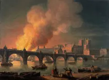Westminster Bridge and the Burning of the Houses of Parliament from Lambeth 1835. Creator: Thomas Luny