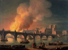 Westminster Bridge and the Burning of the Houses of Parliament from Lambeth 1835. Creator: Thomas Luny