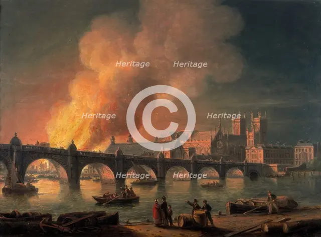 'Westminster Bridge and the Burning of the Houses of Parliament from Lambeth', 1835. Creator: Thomas Luny.