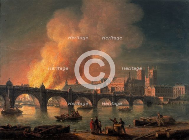 'Westminster Bridge and the Burning of the Houses of Parliament from Lambeth', 1835. Creator: Thomas Luny.