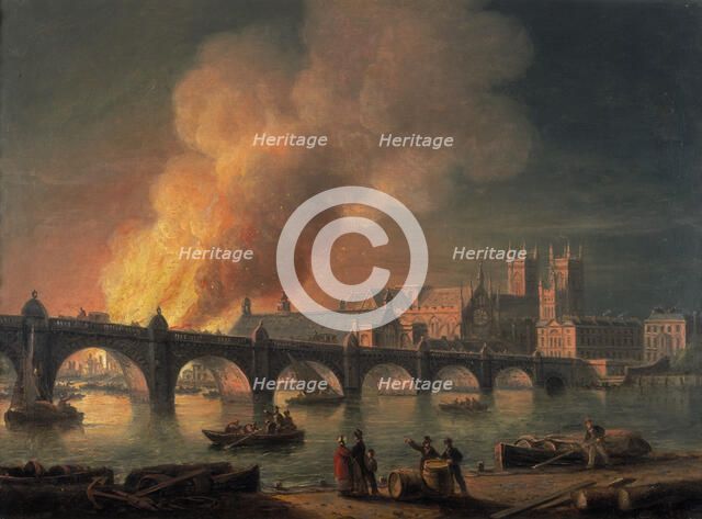 'Westminster Bridge and the Burning of the Houses of Parliament from Lambeth', 1835. Artist: Thomas Luny