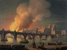 Westminster Bridge and the Burning of the Houses of Parliament from Lambeth 1835. Artist: Thomas Luny