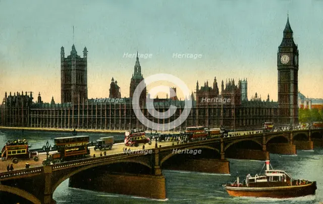 Westminster Bridge and the Houses of Parliament, London, c1910. Creator: Unknown.