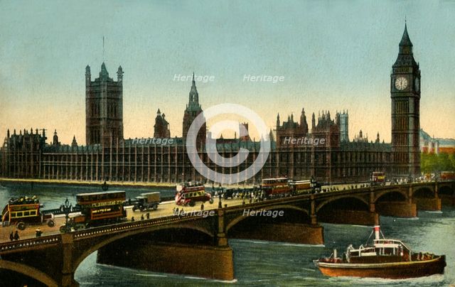 Westminster Bridge and the Houses of Parliament, London, c1910. Creator: Unknown.