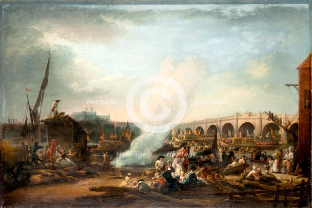 Westminster Bridge and the Thames Procession of King Christian VII of Denmark in 1768, 1769. Creator: Martin, Elias (1739-1818).