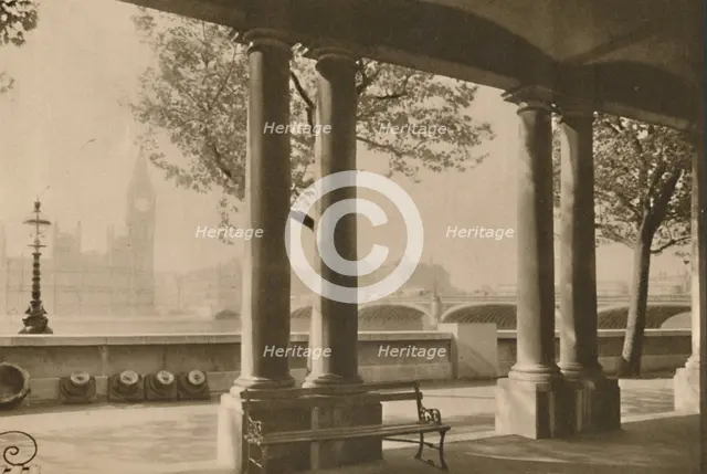 'Westminster Bridge and Big Ben from the Terrace of St. Thomas's Hospital', c1935. Creator: Unknown.