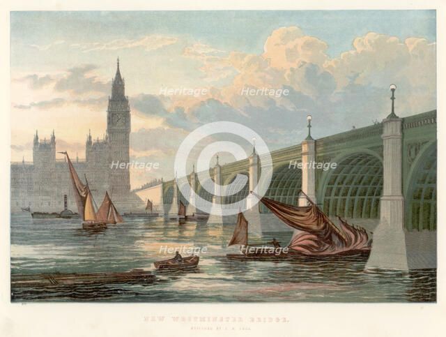 Westminster Bridge, London, looking from the south bank of the Thames, 1858. Artist: Unknown