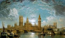 Westminster Bridge, the Houses of Parliament and Westminster Abbey seen from the River 1872. Creator: John Anderson