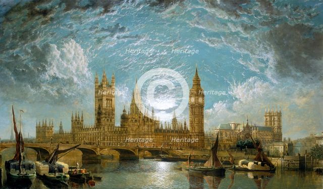 'Westminster Bridge, the Houses of Parliament and Westminster Abbey seen from the River', 1872. Creator: John Anderson.