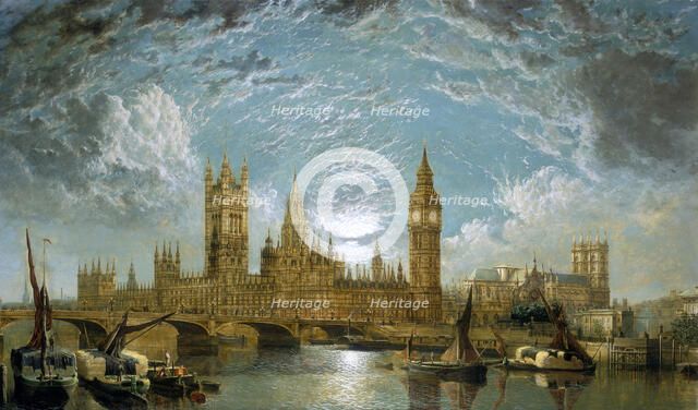 'Westminster Bridge, the Houses of Parliament and Westminster Abbey seen from the River', 1872. Artist: John Anderson