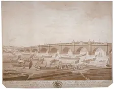 Westminster Bridge with the Lord Mayor's procession on the River Thames, London, 1783. Artist: I Wells